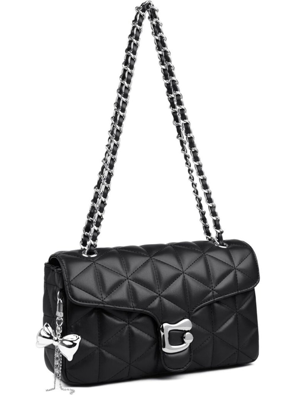 Women's Black Quilted Crossbody Bag Vegan Leather Chain Shoulder Purse